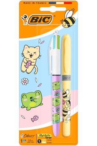 Bıc 4 Colours Kawaii Animals 4 Renkli Tükenmez Kalem + Fosforlu Kalem 2 Li Set Çok Renkli