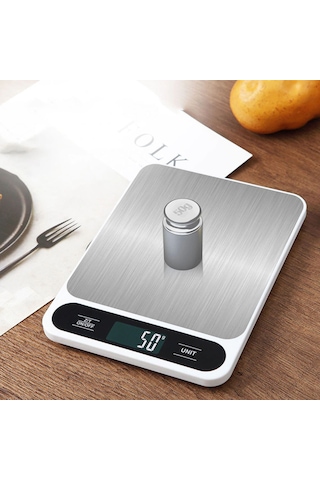 Shineyee Beyaz 5kg Pil Li Çelik Tabanlı Mutfak Terazi, G/ml Ölçüm, Aydınlatmalı Lcd Ekran, Otomatik Kapatma Özelliği Beyaz