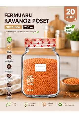 Kalp Desenli Kavanoz Görünümlü Saklama Poşeti 15x22 Cm - 700 Ml 20 Adet Şeffaf