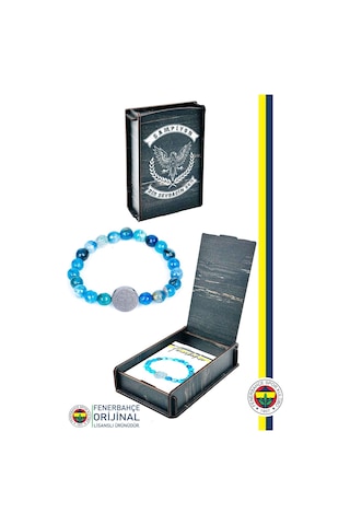 Fenerbahçe Lisanslı Fb Mavi Akik Fasetli Doğaltaş Bileklik Hediyelik Ahşap Kutulu