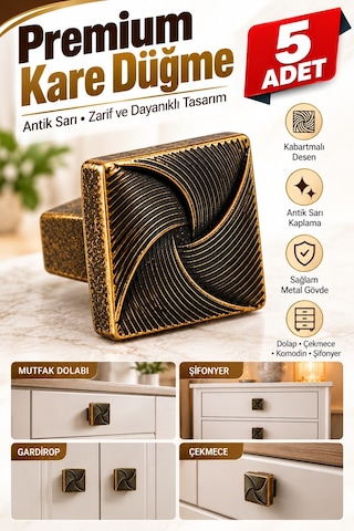 Haskan Gül Düğme Kulp Antik Sarı 5 Adet