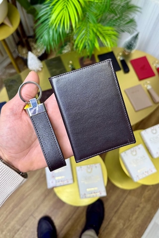 Premium Deri Ruhsat Kılıfı Ve Anahtarlık Seti Kahverengi