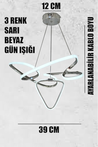 Aras 3 Renk Kumandasız Krom Salon Led Avize Ledli Avize Oturma Odası Avize Gümüş - Krom