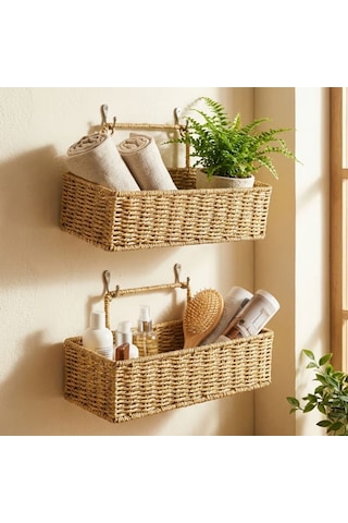 2 Li Duvar Askılı Plastik Rattan Organizer Dikdörtgen Hasır Görünümlü Mutfak Raf Sepeti, Banyo Ve Ev İçi Renkli