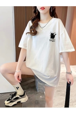 Wear Vexel Kadın Tişört Penye Compack Tatlı Kedi Baskılı Bisiklet Yaka T-shirt - Beyaz Beyaz