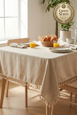 Linen Vintage Püsküllü Naturel Keten Masa Örtüsü - Ham Bej Yıkanmış Keten Bohem Sofra Örtüsü