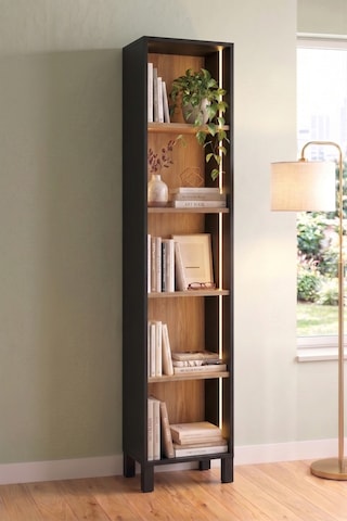 Robin Home Prime 5 Raflı Neon Led Işıklı Dar Alan Kitaplık Ahşap Ayaklı Sepet-siyah 183cm