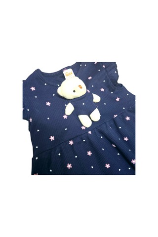 Ayıcık Aksesuarlı Çiçekli Kız Çocuk Yazlık Elbise Lacivert