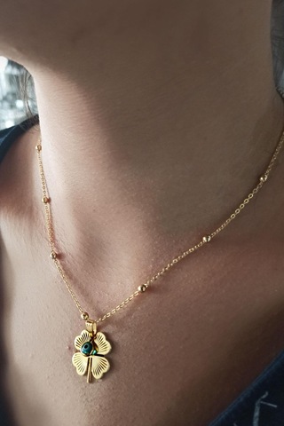 Gold Kaplama Altın Renk Top Zincir Nazar Boncuklu Yonca Bijuteri Sarı
