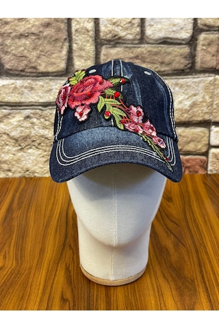 Hamze Jean Kot Denim İndigo Kumaş Taşlı Gül Desenli Beyzbol Cap Şapka Koyu İndigo