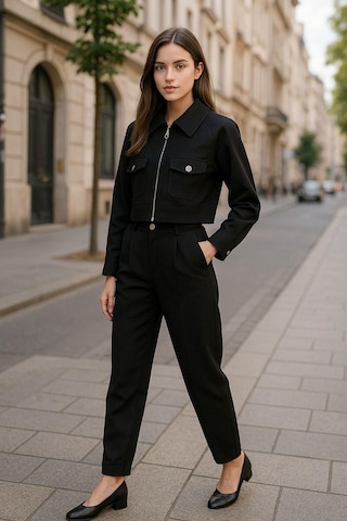Siyah Gömlek Yaka Fermuarlı Kadın Alt Üst Takım Şık Ve Rahat Günlük Kombin Çok Renkli