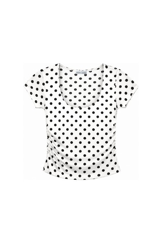 Vadon 1004 Kadın Pamuklu Kare Yaka Puantiyeli Yan Büzgü Detaylı Crop T-shirt Bluz Beyaz