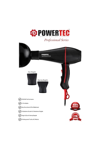Powertec TR-601/TR-601S Turbo Profesyonel 2500 W Saç Kurutma Makinesi + Vigo Başlık Siyah