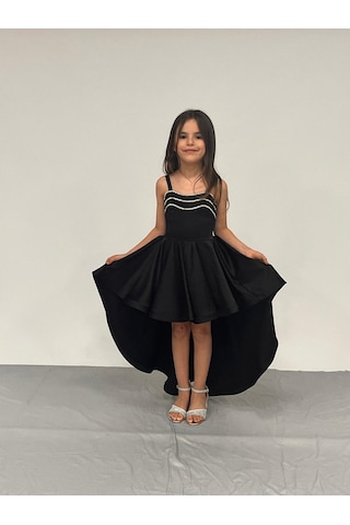 Kız Çocuk Abiye Siyah Saten Kuyruklu Yaka Şerit Taşlı Abiye Elbise 5-10 Yaşyaş Siyah