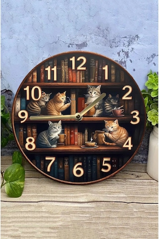 Sessiz Yuvarlak Ahşap Duvar Saati, Kuvars Hareketli 2d Kedi Desen Sdw018 Renkli