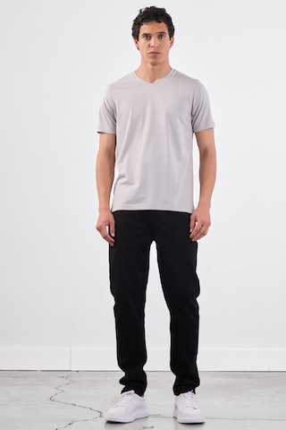 Dufy Gri V Yaka Pamuklu Düz Renk Slim Fit Erkek T-shirt Gri