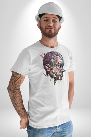 İnsan Kafası Sulu Boya Unisex Unisex Beyaz Organik Baskılı T-shirt Penye Yüksek Kalite Beyaz