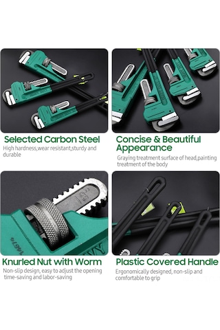 Skycity 8 İnç Karbon Çelik Ağır Duty Boru Anahtarı - Ev Tesisatı, Endüstriyel Bakım İçin Ayarlanabilir, Yeşil-siyah