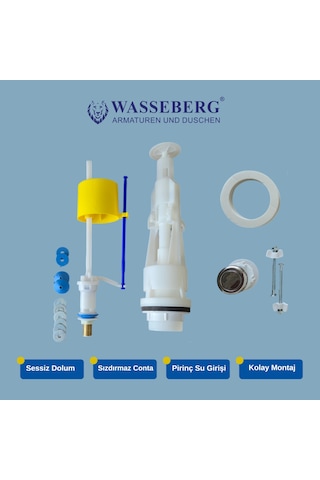 Wasseberg Rezervuar İç Takımı Tam Set Şamandıralı Dolum Ve Boşaltma Mekanizması, Pirinç Su Giriş Bağlantılı, Sızdırmaz Conta Ve Montaj Aparatları Dahil Açık Ahşap