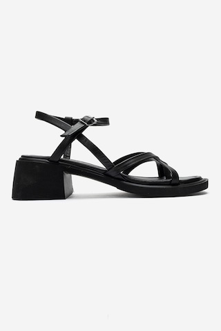 Luvi Shoes Cırelle Siyah Hakiki Deri Parmak Arası Kadın Kalın Topuklu Sandalet