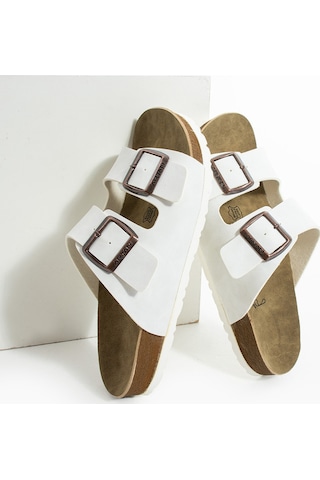 Polomia Comfort Mikanos Aryan Unisex Ortapedik Eva Taban Comfort Çift Bantlı Tokalı Günlük Rahat Sandalet Terlik Beyaz