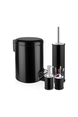 Elit Serisi 4'lü Banyo Seti Çöp Kovası Wc Fırçası Sabunluk Diş Fırçalık - Siyah 3 Lt'li Yavaş Kapanır Siyah