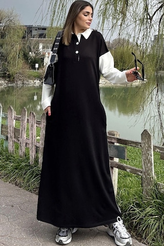 WeShaya Kadın Siyah Color Block Tasarım, Polo Yaka, A Kesim, Uzun Salaş Elbise Siyah