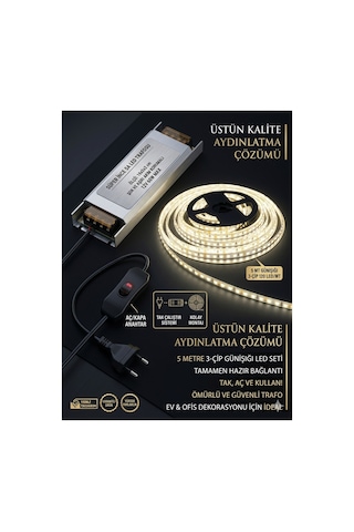 5mt Tak Çalıştır Günişığı Şerit Led Seti,mutfak Dolabı Tezgah Üstü Led,3 Çip, Adaptörlü Arapuar Anahtarlı Komple Set,yapışkanlı Led Işık Günışığı-3000k