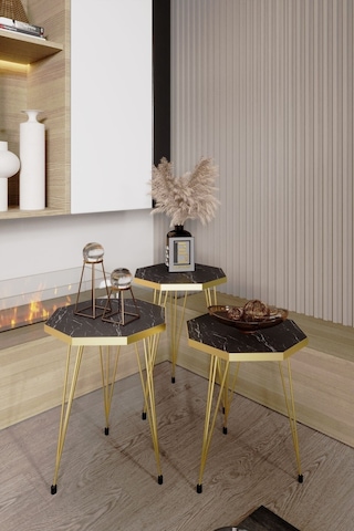 3'lü Sekizgen Zigon Sehpa Ve Dikdörtgen Orta Sehpa Takımı Modern Gold Metal Ayaklı Salon Sehpa Seti Siyah