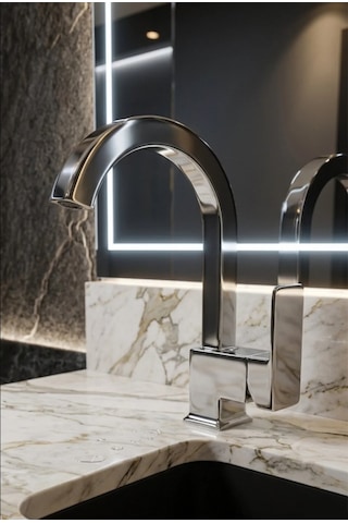 Kare Krom Lavabo Bataryası Tek Kollu Aç Kapa Musluk Modern Lüks Tasarım Profil Paslanmaz