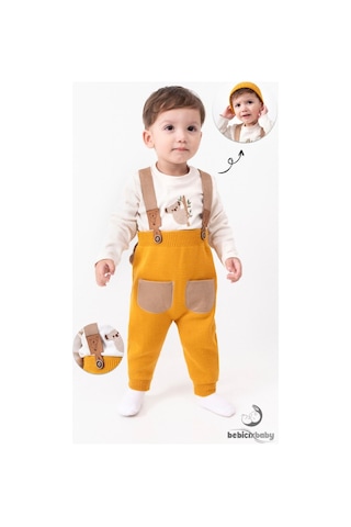Bebicix Triko Askılı Koala Temalı Kaşkorse Esnek Badili Bereli Unisex Bebek Takım HARDAL