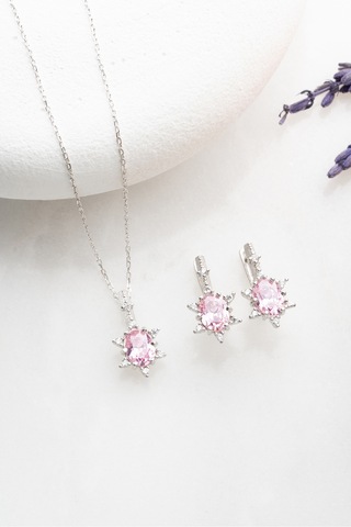 Nereze 925 Ayar Gümüş Pembe Oval Taşlı Küpe Ve Kolye Set