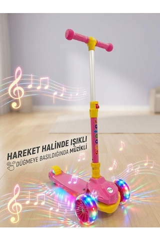 Müzikli, Işıklı 4 Kademe Boy Ayarlanabilir Çocuk Scooter 100 Kg Taşıma Kapasiteli Pembe
