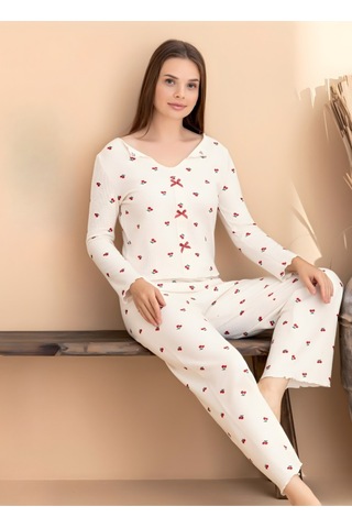 Kadın Kurdele Detaylı Kiraz Desenli U Yaka Likralı Pijama Takım Ekru