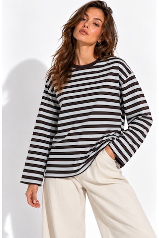 Wild Bee Kadın Açık Mavi Kahverengi Çizgili Pamuklu Bisiklet Yaka Oversize Bluz