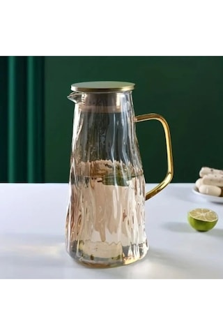 Morponi Borosilikat Cam Metal Kapaklı Lüks Cam Sürahi 1800 Ml Amber Dalgalı Mt