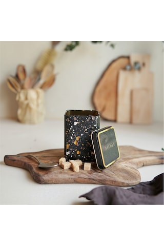 Terrazzo Black Desenli Kare Metal Saklama Kabı 7.5 x 7.5 x 10 CM 0.5 L Çok Renkli