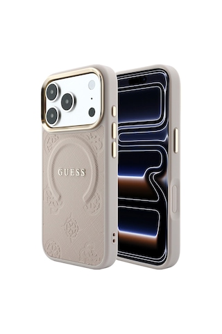 Apple iPhone Uyumlu 18 Pro Max Kılıf Guess Lisanslı M-safeli Yazı Logolu C-magnet Pu Deri Peony Kapak Pembe