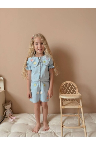Jolly Kids Kız Çocuk Mavi Kot Gömlekli Şortlu Denim Takım Mavi
