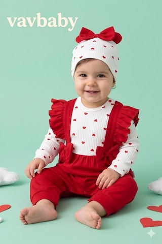 Kız Bebek Kalp Desenli Fiyonklu Fırfırlı Bebek Salopet Tulum Ve Bere Kırmızı