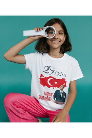 Alpşan Ticaret 29 Ekim Cumhuriyet Bayramı Atatürk İmzalı Türk Bayrağı Baskılı Unisex Çocuk Kadın Erkek Tişört Beyaz