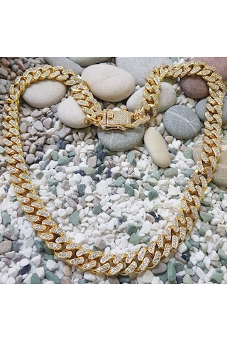 Chavin 13 Mm. Kalın 45 Cm. Taşlı Gold Alloy Kadın Zincir Ek55Sr Çok Renkli