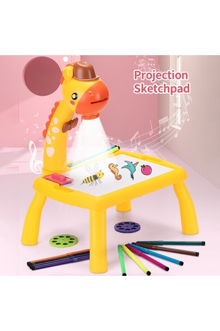 Kangvka Sarı Renkli Abs Materyal Projeksiyonlu Çizim Masası - 24 Desenli Müzikli Renkli Tuval, Akıllı Eğitici Araç Aa Pil Yok Sarı