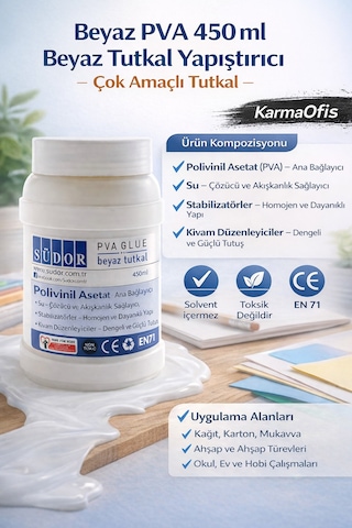 Beyaz Pva Tutkal 450 Ml Çok Amaçlı, Toksik İçermez, Güçlü Yapıştırıcı