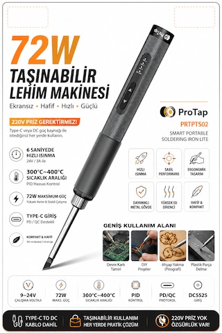 Protap Ts02 Lite 72w Taşınabilir Lehim Makinesi 300-400 C Pıd Isı Kontrollü Type-c Giriş 6 Saniyede Isınma