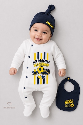 Babyden's Bebek 3 Lü Tulum Seti Sarı Lacivert Taraftar Temalı İlk Maçıma Hazırım Baskılı Yenidoğan Tulum Bere Önlük %100 Pamuk