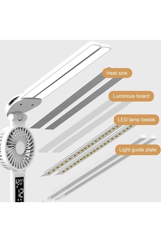 Maoyaya Fanlı Çift Kafa Led Masa Lambası, Dokunmatik Kontrol, Saat Ve Kalem Tutuculu Çok Renkli