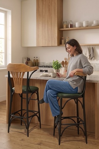 Wabex Serisi 1 Adet 66 Cm Suni Deri Kumaş Siyah Metal İskeletli Mutfak Bar Sandalyesi Haki Sandalye Siyah Ayak