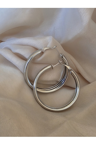 Halka Model Silver Renk Çelik Küpe 5cm Gümüş