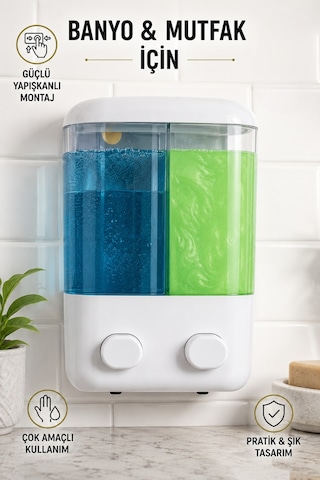 Mainshop 1 Adet Yapışkanlı Duvara Monte Mutfak Manuel Sıvı Sabunluk Çift Bölmeli 1000 Ml Doldurulabilir M-55 Beyaz